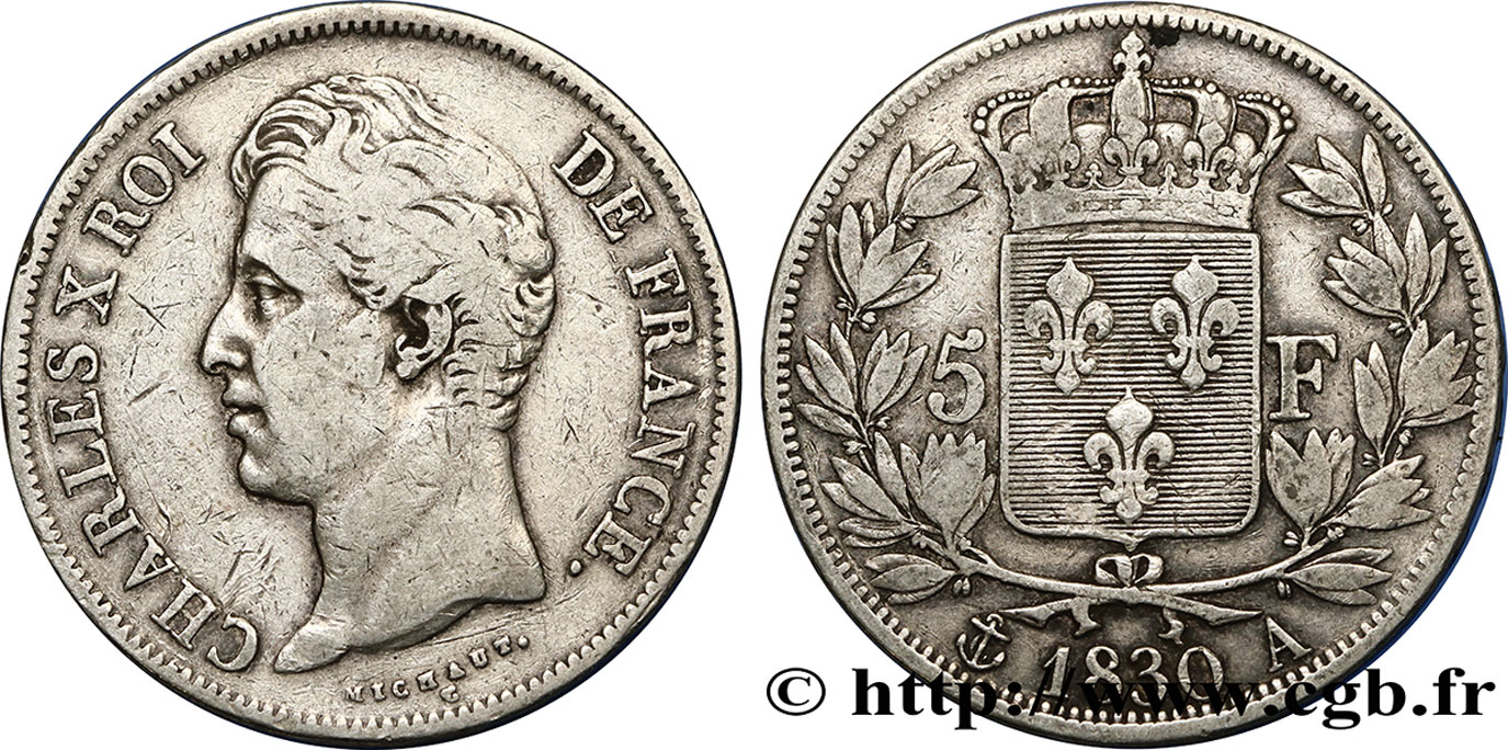 5 francs Charles X 2e type, tranche en relief 1830 Paris F.312/1 VF25 