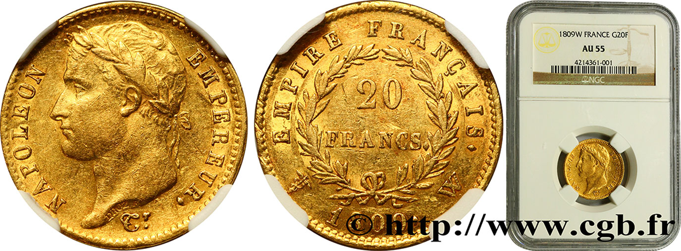 20 francs or Napoléon Ier tête laurée, Empire français 1809 Lille F.516/7 SUP55 NGC