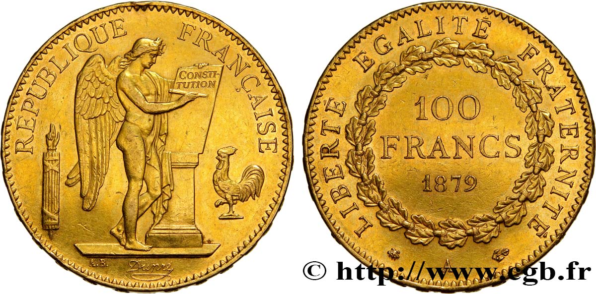 100 francs or Génie, tranche inscrite en relief Dieu protège la France 1879 Paris F.552/2 TTB50 