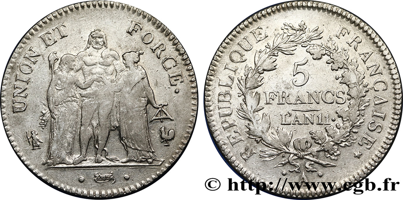 5 francs Union et Force, Union serré, seulement glands intérieurs 1803 Paris F.288/189 VF35 