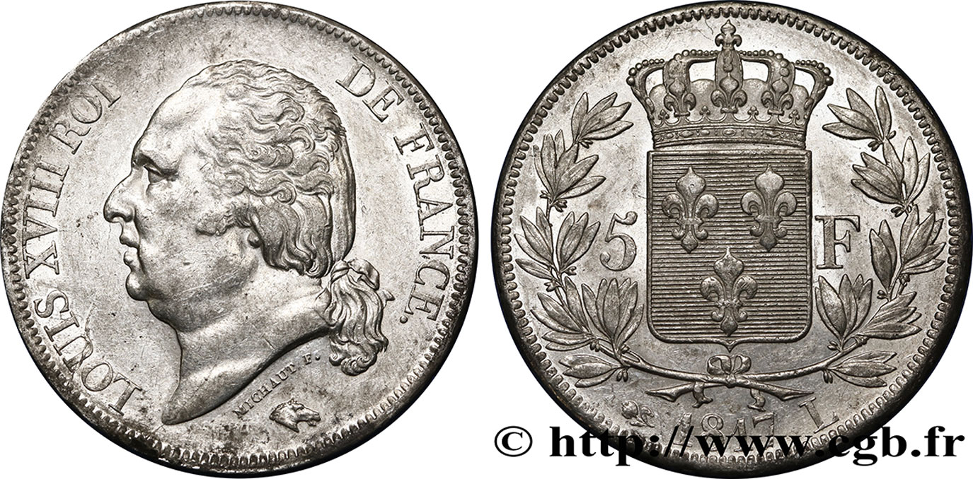 5 francs Louis XVIII, tête nue 1817 Bayonne F.309/22 SPL55 