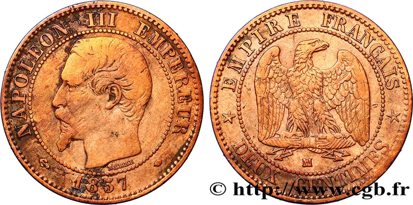Deux centimes Napoléon III, tête nue 1857 Marseille F.107/50 VF20 