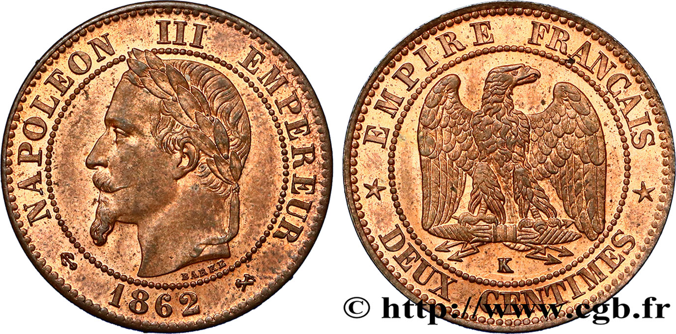 Deux centimes Napoléon III, tête laurée 1862 Bordeaux F.108A/7 MS63 