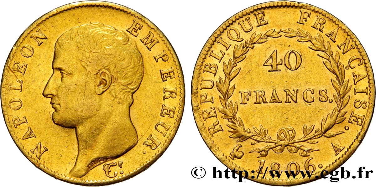 40 francs or Napoléon tête nue, Calendrier grégorien 1806 Paris F.538/1 SS48 