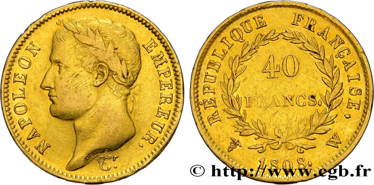 40 francs Napoléon Ier tête laurée, République française 1808 Lille F.540/6 XF45 