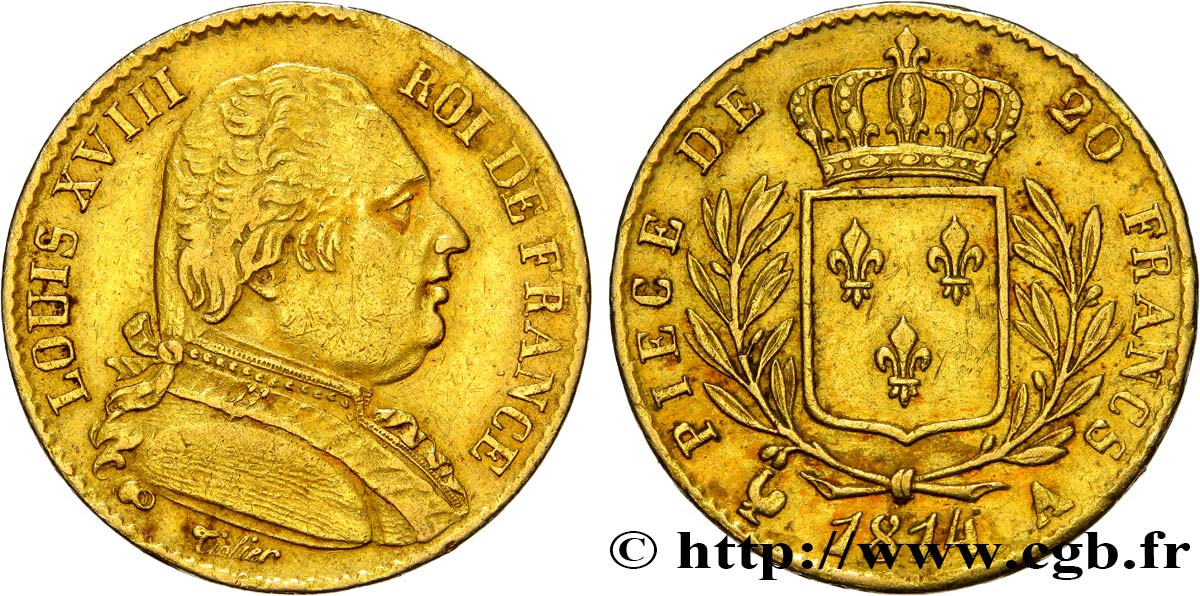 20 francs or Louis XVIII, buste habillé 1814 Paris F.517/2 SS48 