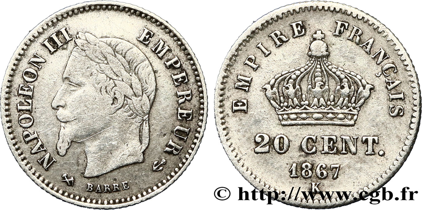 20 centimes Napoléon III, tête laurée, grand module 1867 Bordeaux F.150/3 TB30 