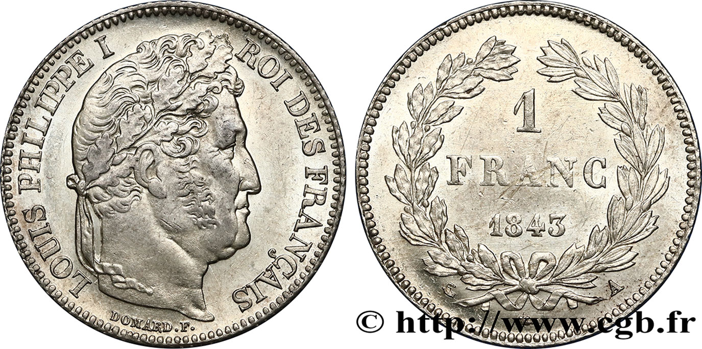 1 franc Louis-Philippe, couronne de chêne 1843 Paris F.210/90 EBC60 