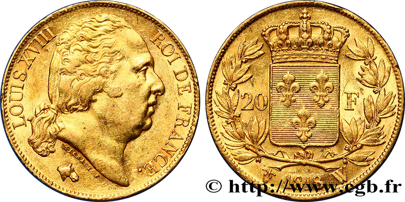 20 francs or Louis XVIII, tête nue 1818 Lille F.519/14 VZ55 