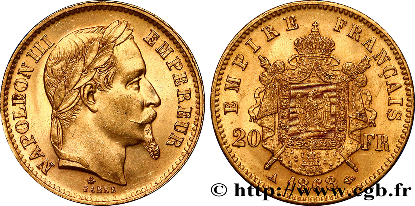 20 francs or Napoléon III, tête laurée 1868 Paris F.532/18 SUP62 