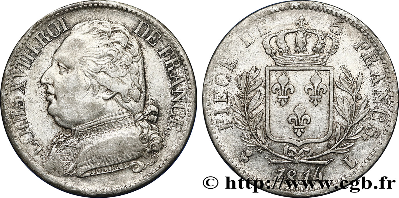 5 francs Louis XVIII, buste habillé 1814 Bayonne F.308/8 TTB45 