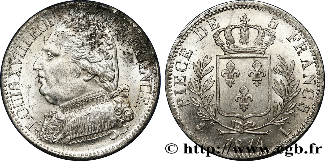 5 francs Louis XVIII, buste habillé 1814 Bayonne F.308/8 SUP+ 