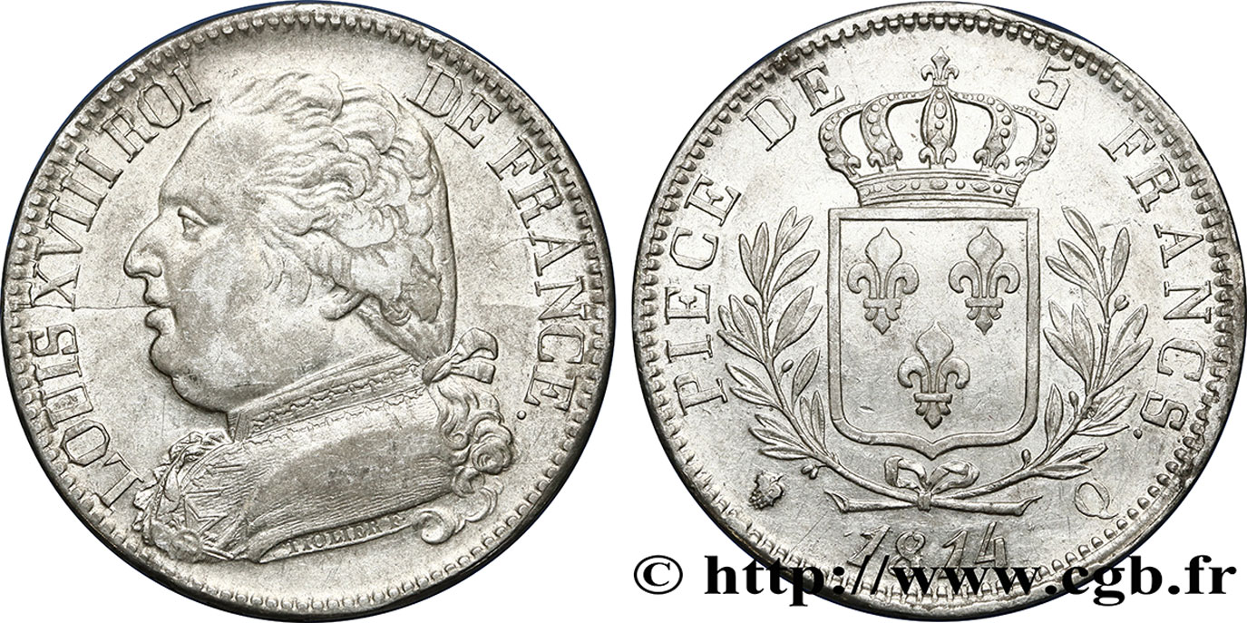 5 francs Louis XVIII, buste habillé 1814 Perpignan F.308/11 XF48 