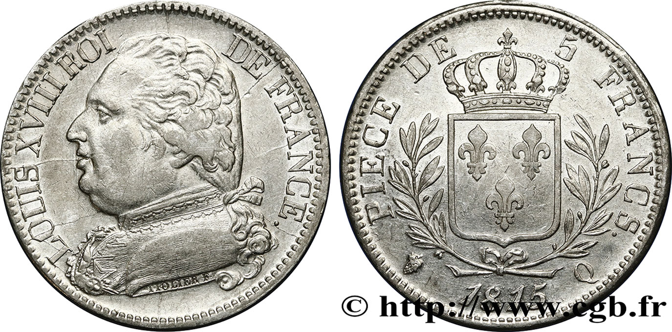 5 francs Louis XVIII, buste habillé 1815 Perpignan F.308/28 AU52 