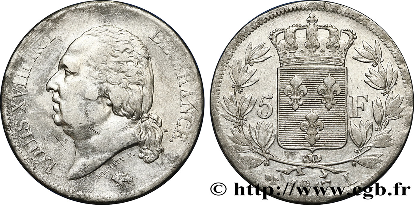 5 francs Louis XVIII, tête nue 1817 Bayonne F.309/22 TB35 