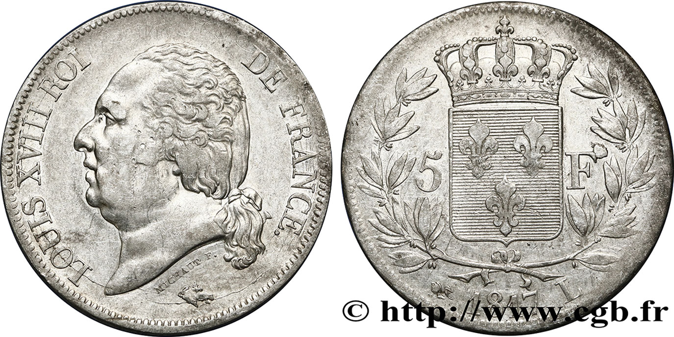 5 francs Louis XVIII, tête nue 1817 Bayonne F.309/22 VF25 