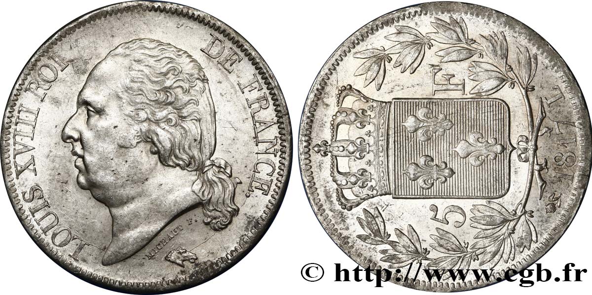 5 francs Louis XVIII, tête nue, Fauté Coins Tournés 1817 Bayonne F.309/22 EBC55 