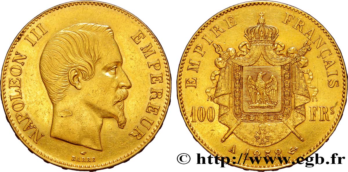 100 francs or Napoléon III, tête nue 1858 Paris F.550/5 AU55 