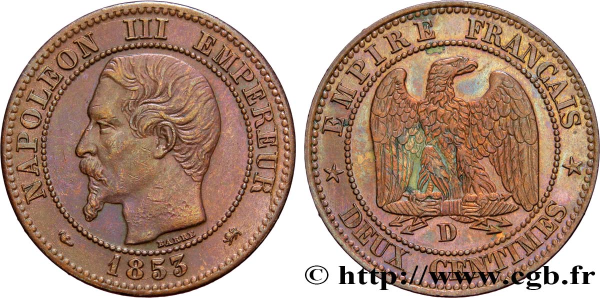 Deux centimes Napoléon III, tête nue, grand D 1853 Lyon F.107/4 MBC45 