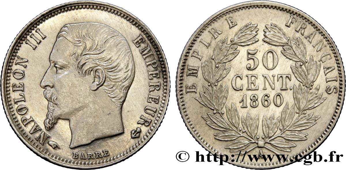 50 centimes Napoléon III, tête nue 1860 Paris F.187/13 VZ58 