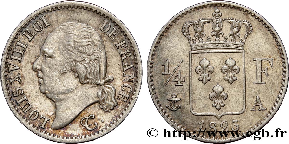 1/4 franc Louis XVIII  1823 Paris F.163/24 SPL55 