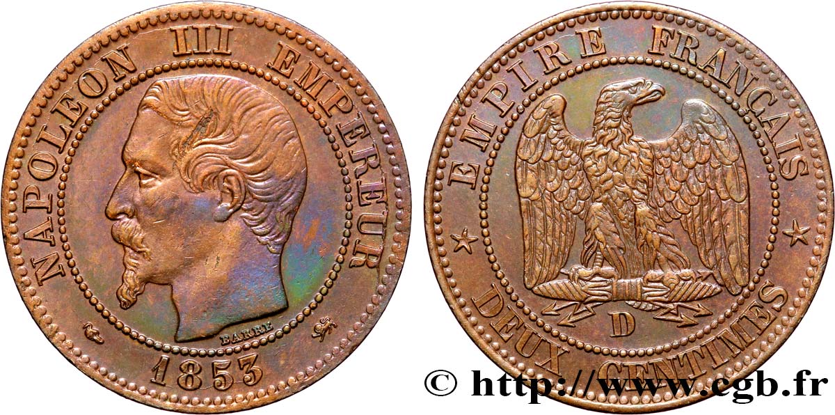 Deux centimes Napoléon III, tête nue, grand D 1853 Lyon F.107/4 EBC58 