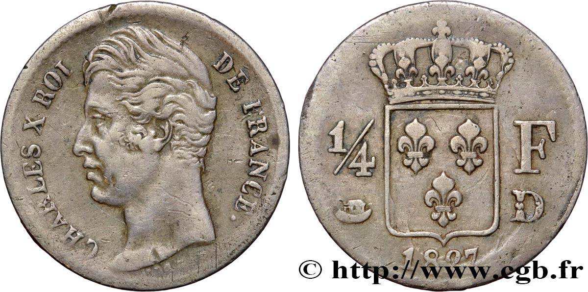 1/4 franc Charles X 1827 Lyon F.164/13 TB35 