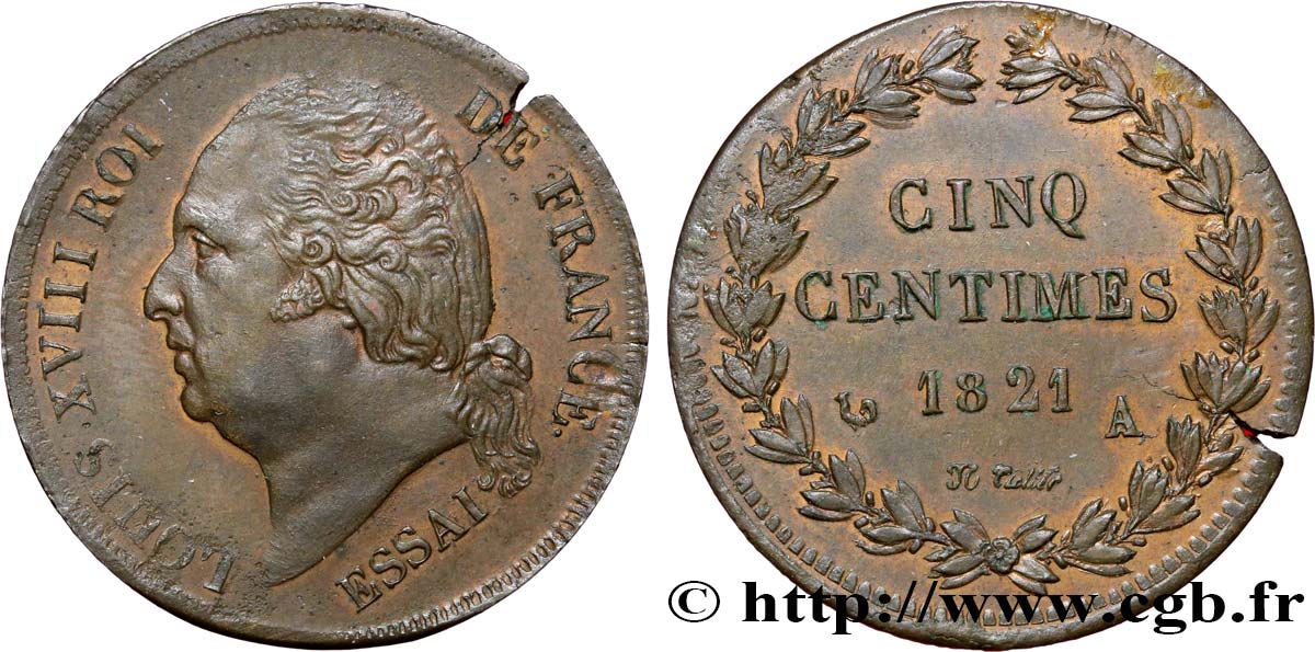 Essai de 5 centimes en bronze, tranche lisse 1821 Paris VG.2534  var. SUP58 