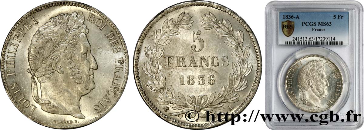 5 francs IIe type Domard 1836 Paris F.324/53 MS63 PCGS