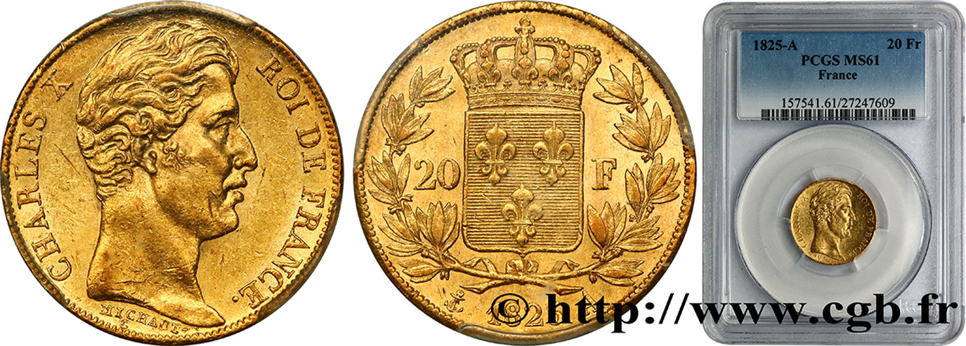 20 francs or Charles X, matrice du revers à quatre feuilles et demie 1825 Paris F.520/1 MS61 PCGS