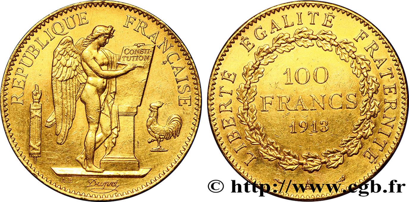 100 francs or Génie, tranche inscrite en relief Liberté Égalité Fraternité 1913 Paris F.553/7 SUP55 