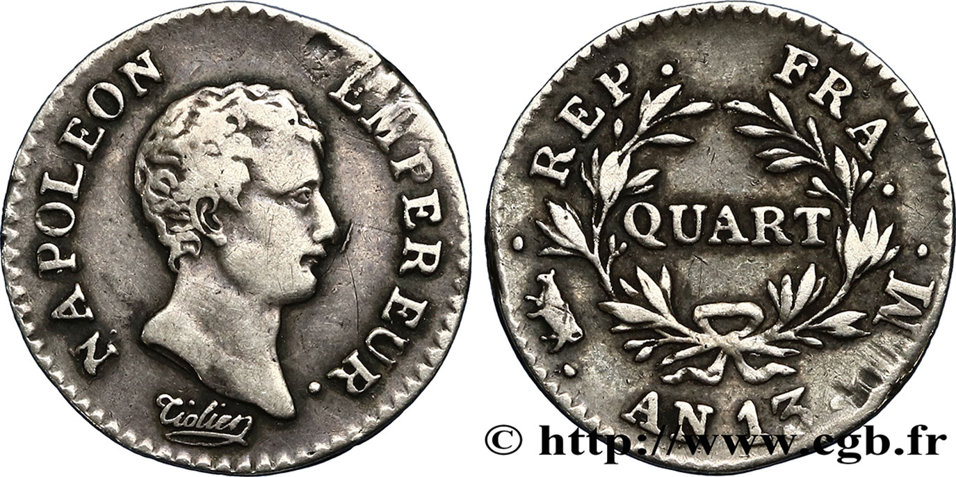 Quart (de franc) Napoléon Empereur, Calendrier révolutionnaire 1805 Toulouse F.158/14 XF40 