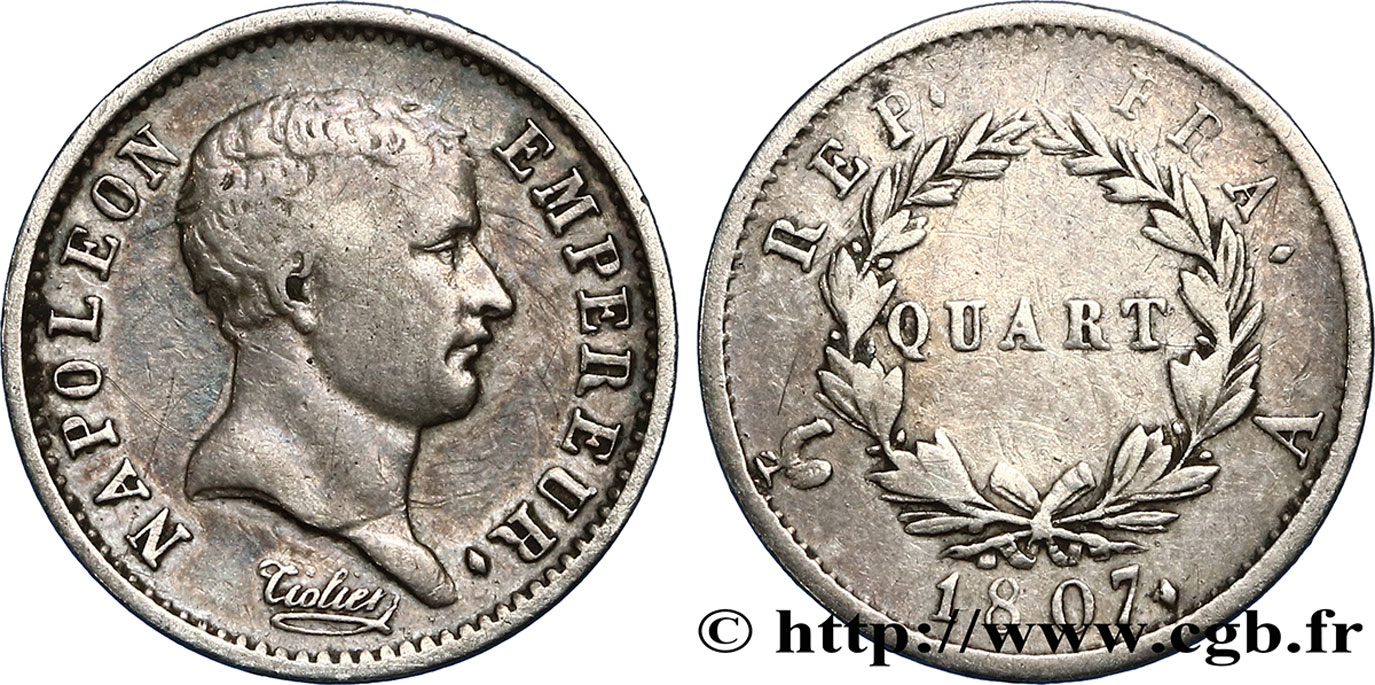 Quart (de franc) Napoléon Empereur, tête de nègre 1807 Paris F.160/1 BC35 