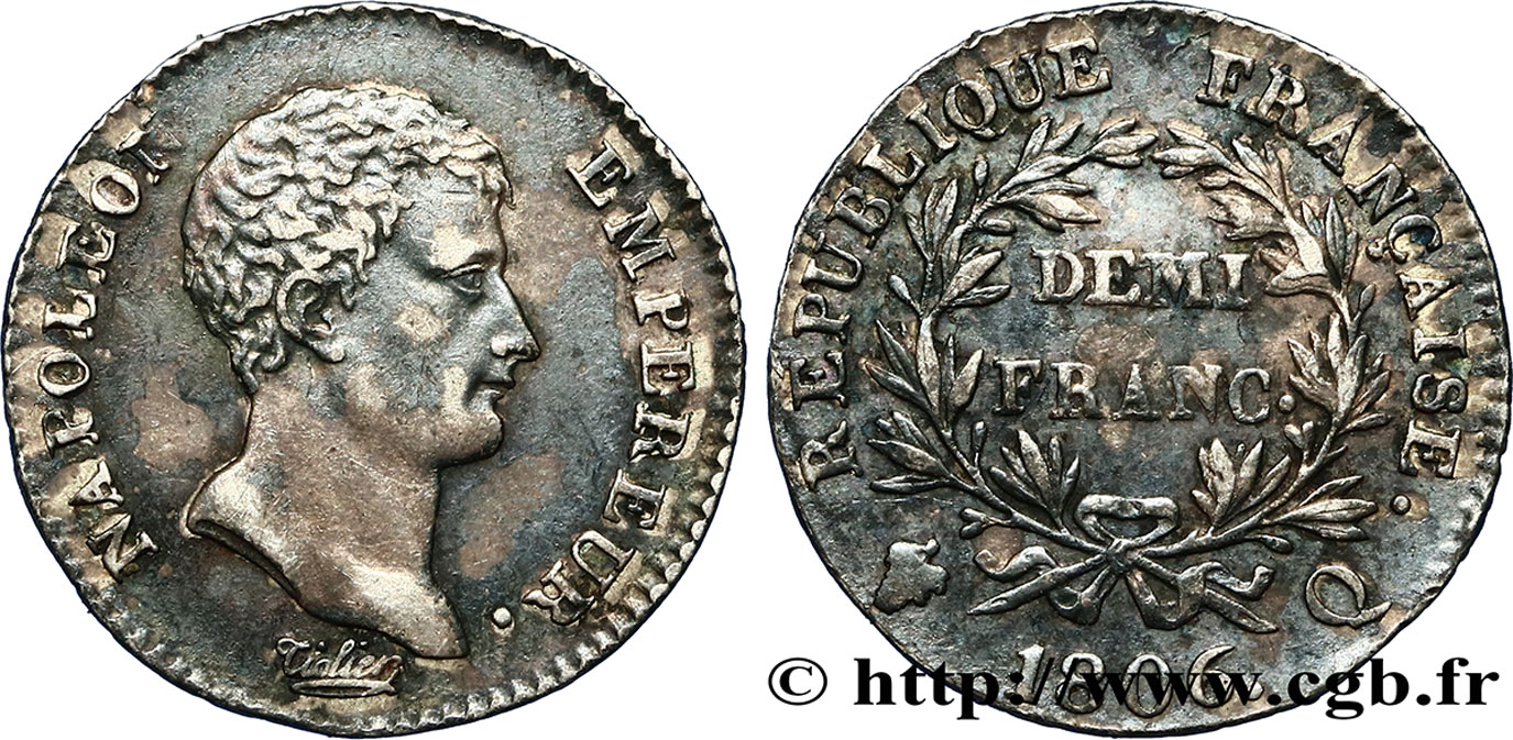 Demi-franc Napoléon Empereur, Calendrier grégorien 1806 Perpignan F.175/5 EBC60 