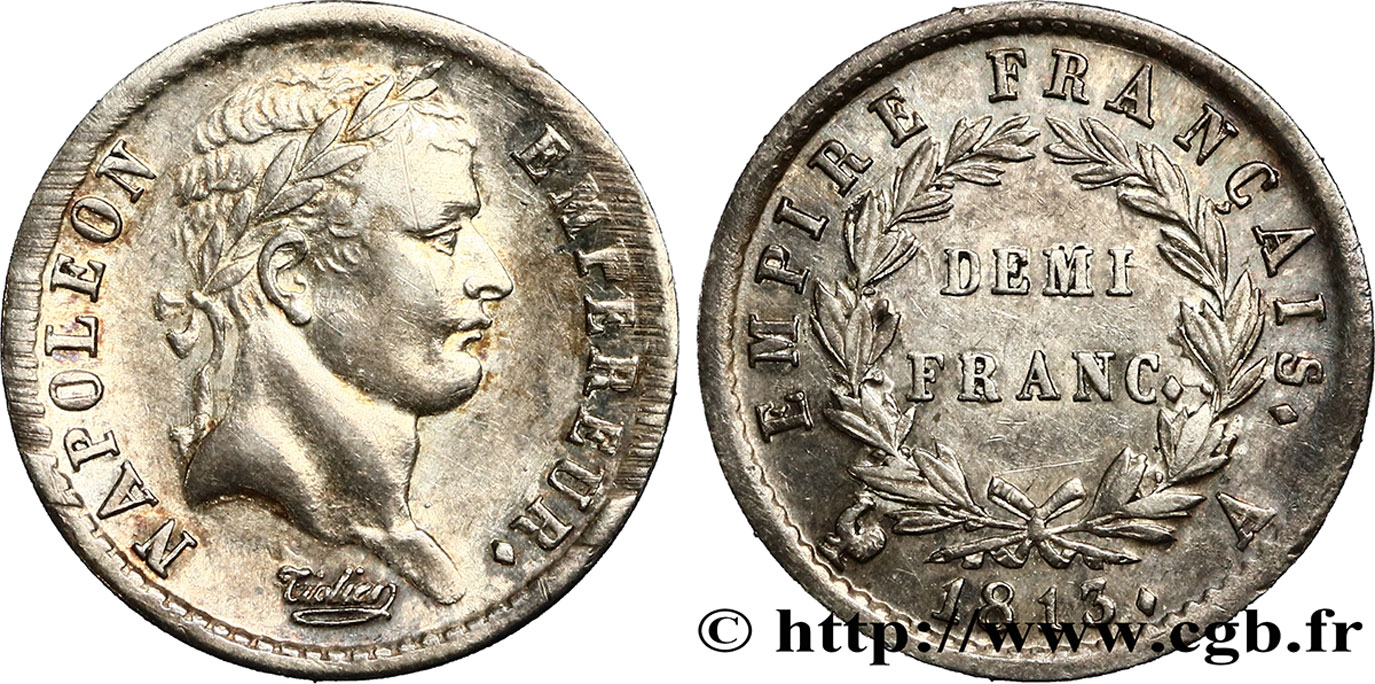 Demi-franc Napoléon Ier tête laurée, Empire français 1813 Paris F.178/49 EBC55 