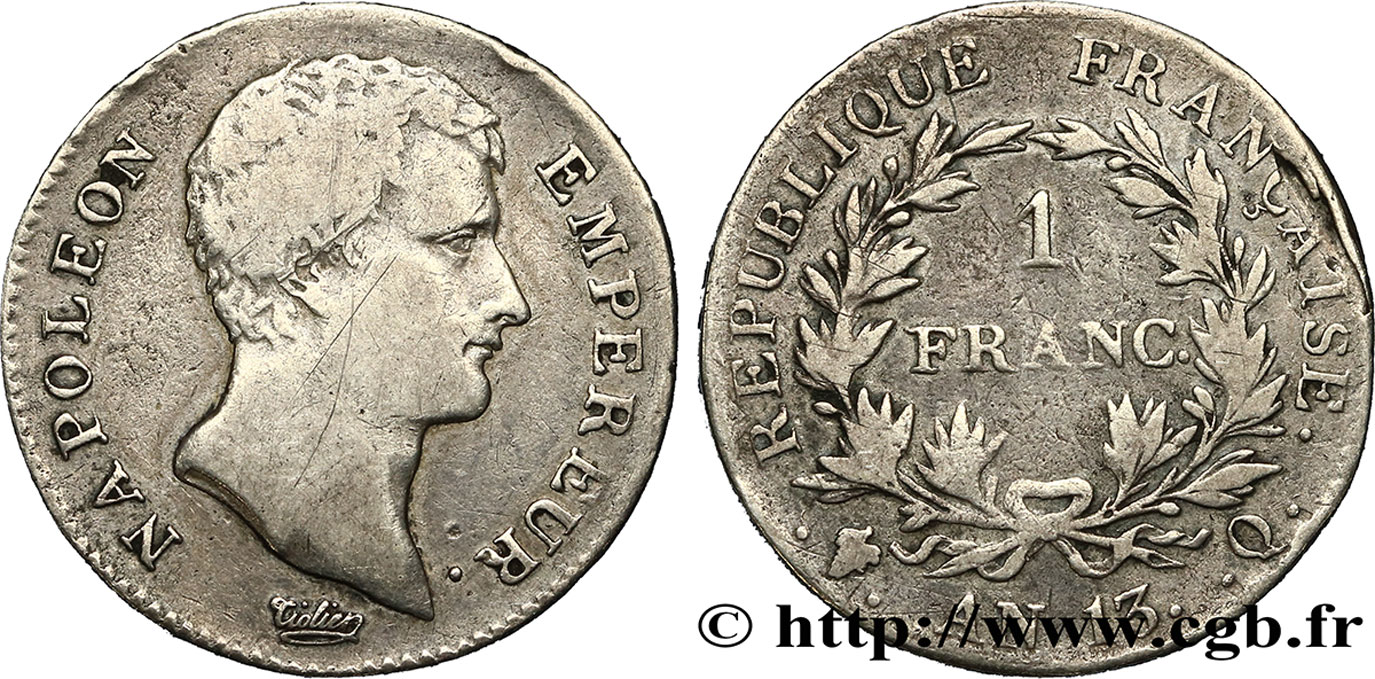 1 franc Napoléon Empereur, Calendrier révolutionnaire 1805 Perpignan F.201/25 TB30 