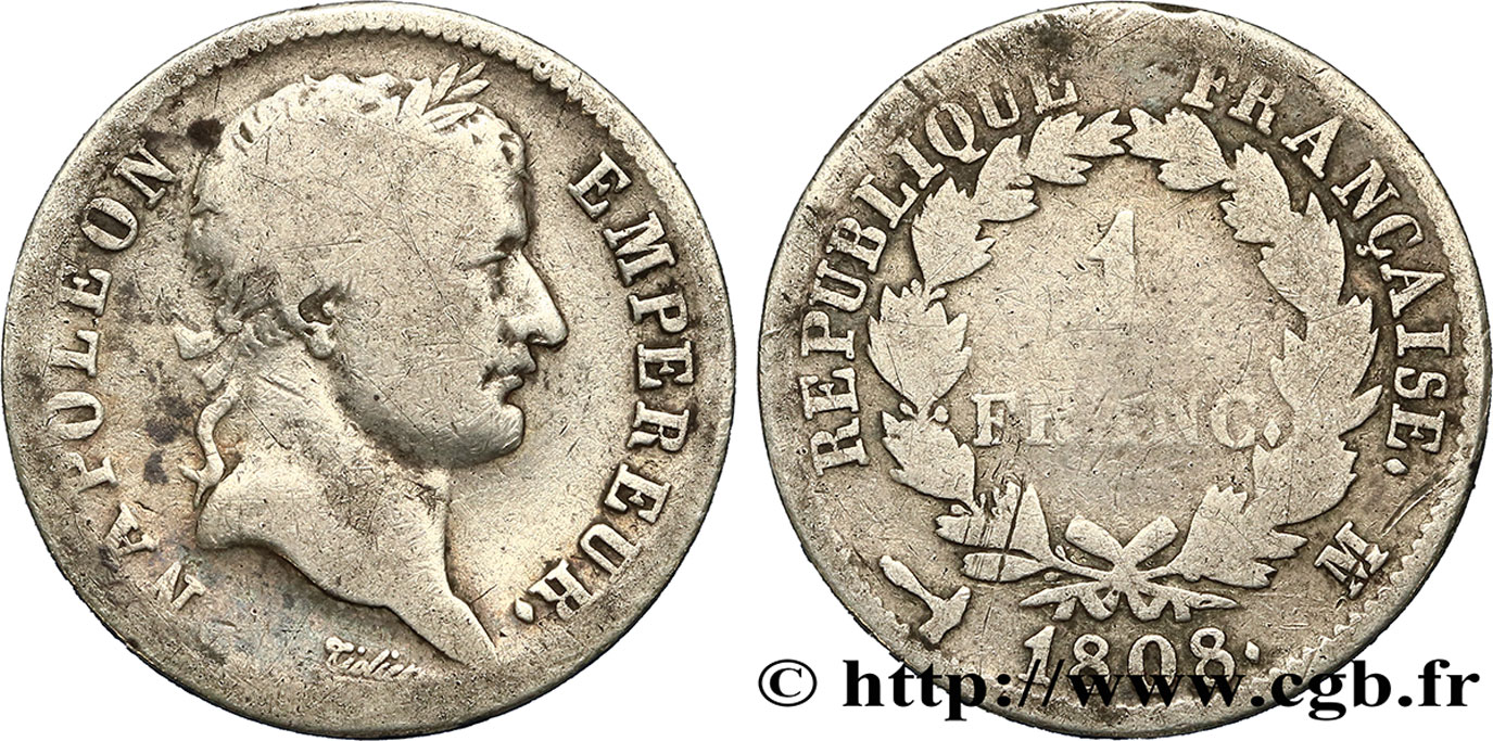 1 franc Napoléon Ier tête laurée, République française 1808 Toulouse F.204/10 TB15 