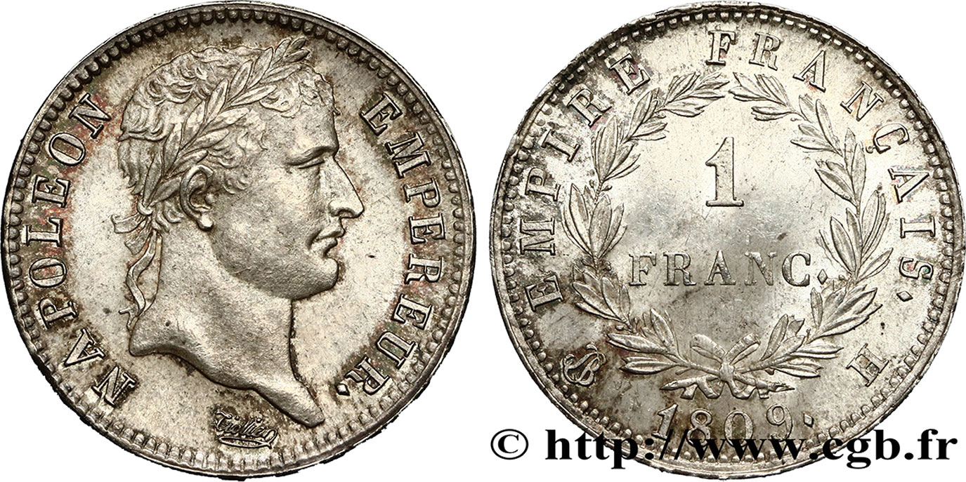 1 franc Napoléon Ier tête laurée, Empire français 1809 La Rochelle F.205/4 EBC62 