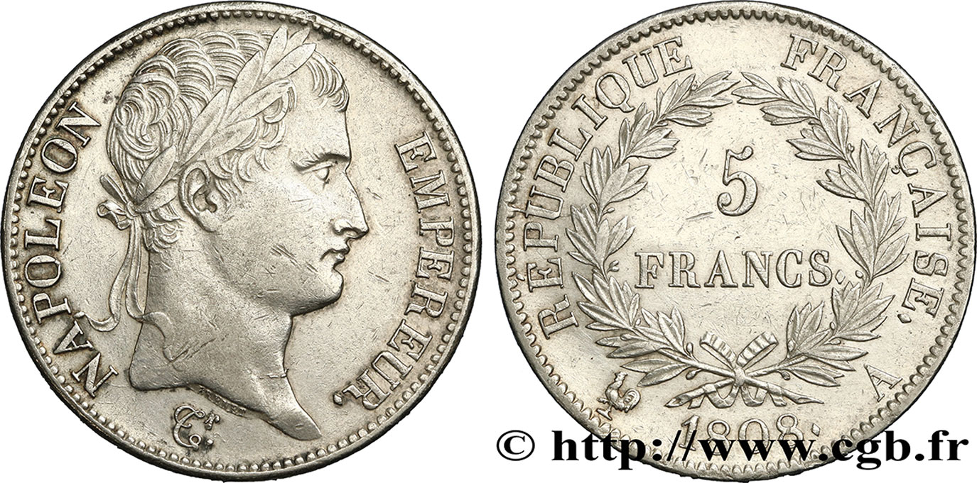 5 francs Napoléon Empereur, République française 1808 Paris F.306/2 MBC+ 