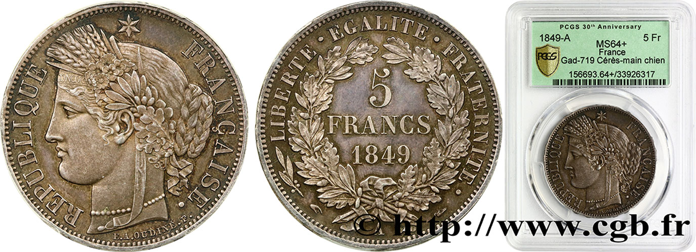 5 francs Cérès, IIe République 1849 Paris F.327/1 SC64 PCGS