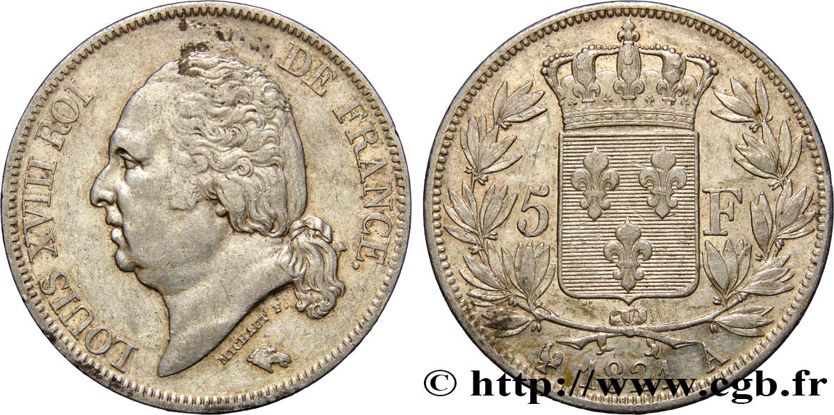 5 francs Louis XVIII, tête nue, Fauté Coins Tournés 1821 Paris F.309/60 AU50 