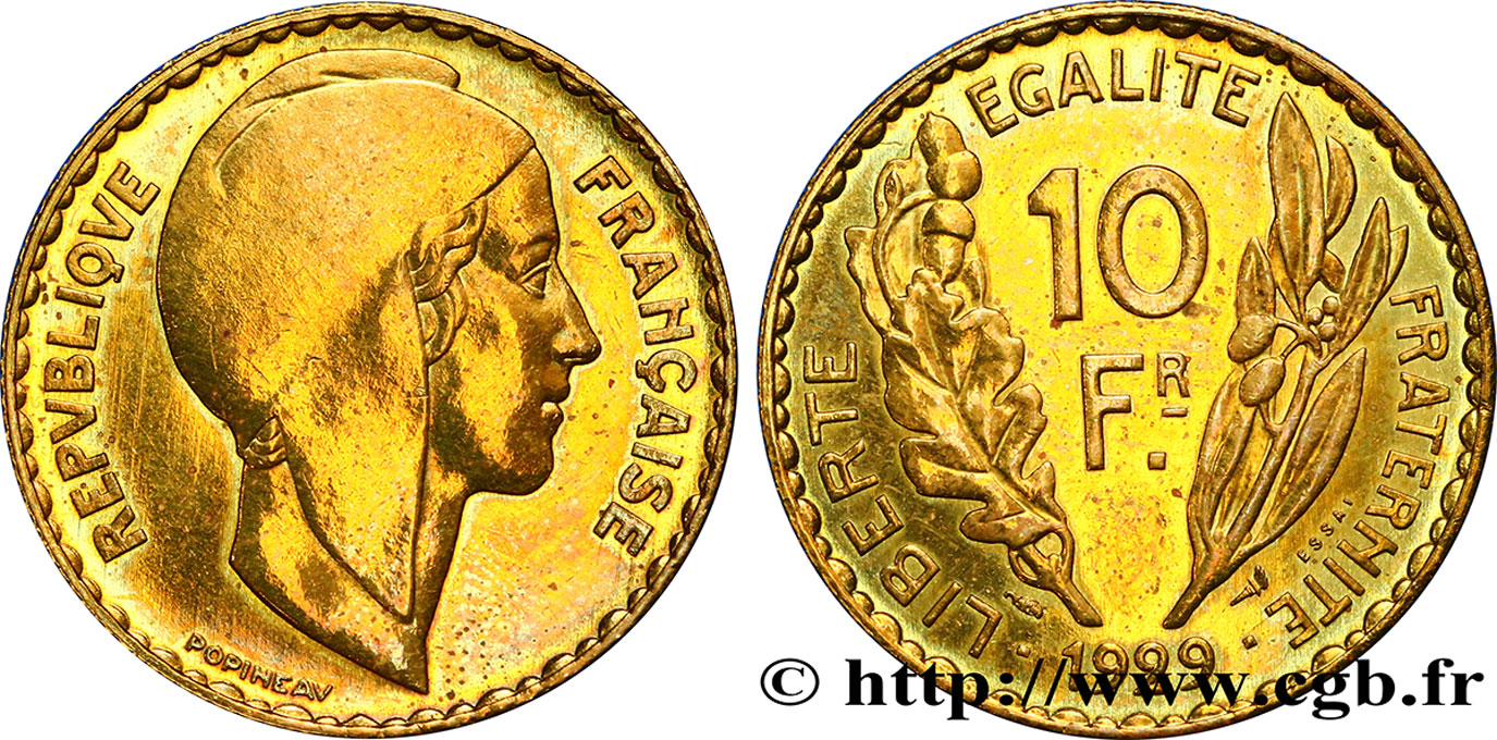 Concours de 10 francs, essai de Popineau en bronze-aluminium 1929 Paris GEM.167 3 VZ 