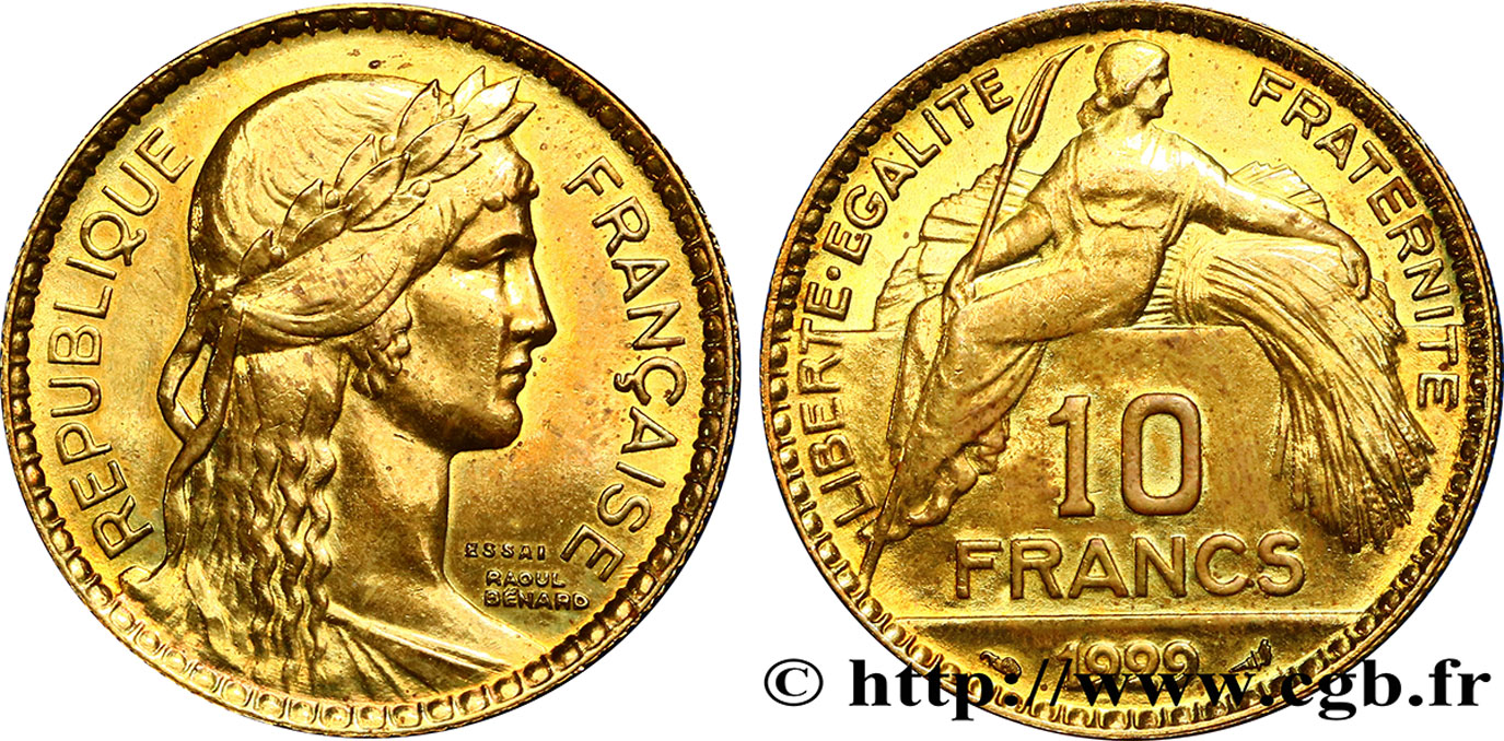 Concours de 10 francs, essai de Bénard en bronze-aluminium 1929  GEM.162 3 SUP 