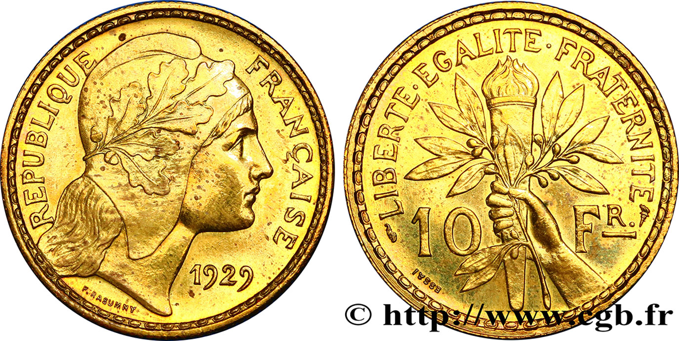 Concours de 10 francs, essai de Rasumny en bronze-aluminium 1929  GEM.168 3 AU 