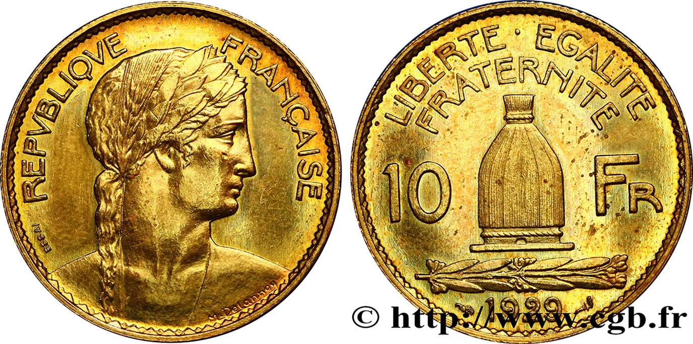 Concours de 10 francs, essai de Delannoy en bronze-aluminium 1929 Paris GEM.163 3 SUP 