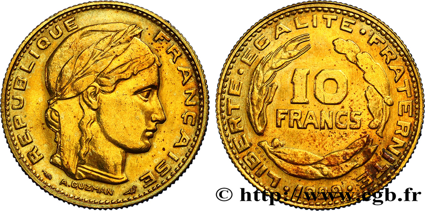 Concours de 10 francs, essai de Guzman en bronze-aluminium 1929 Paris GEM.164 3 SUP 
