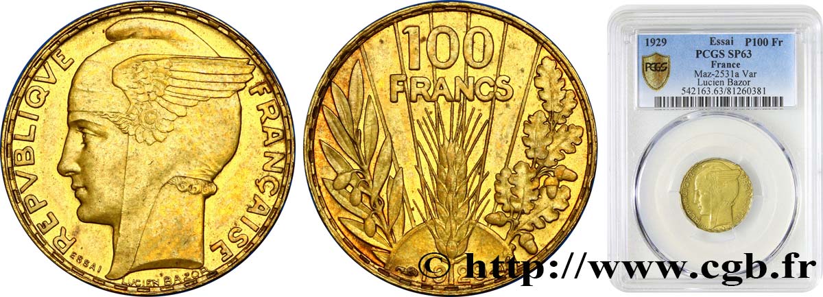 Concours de 100 francs or, essai de Bazor en bronze-aluminium 1929 Paris GEM.288 7 SPL63 PCGS