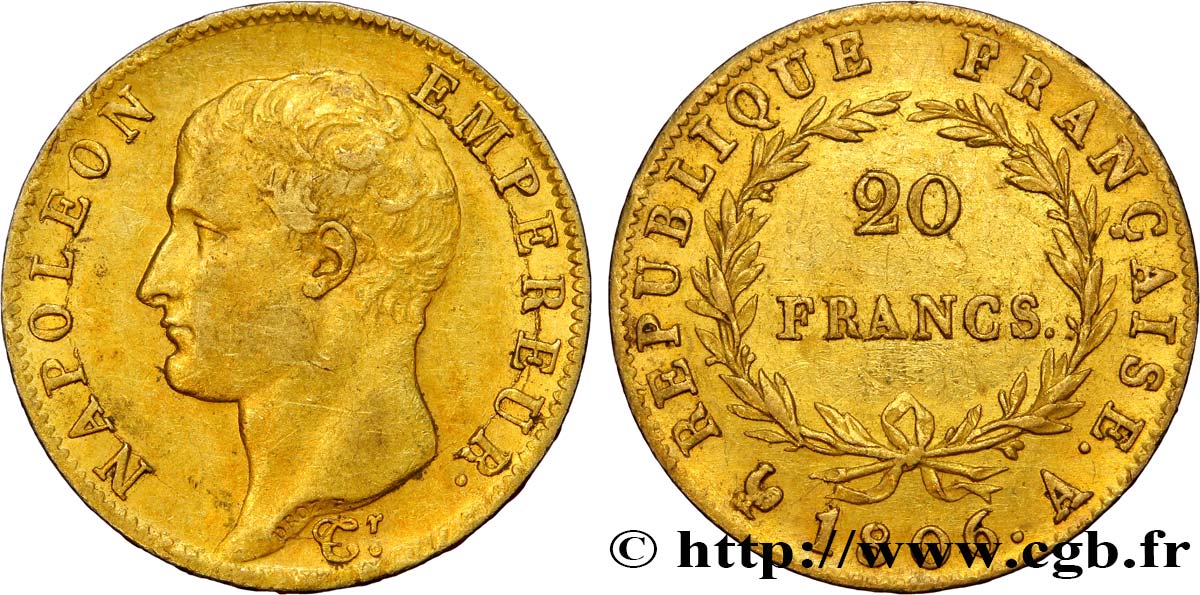 20 francs or Napoléon tête nue, Calendrier grégorien 1806 Paris F.513/1 TTB48 