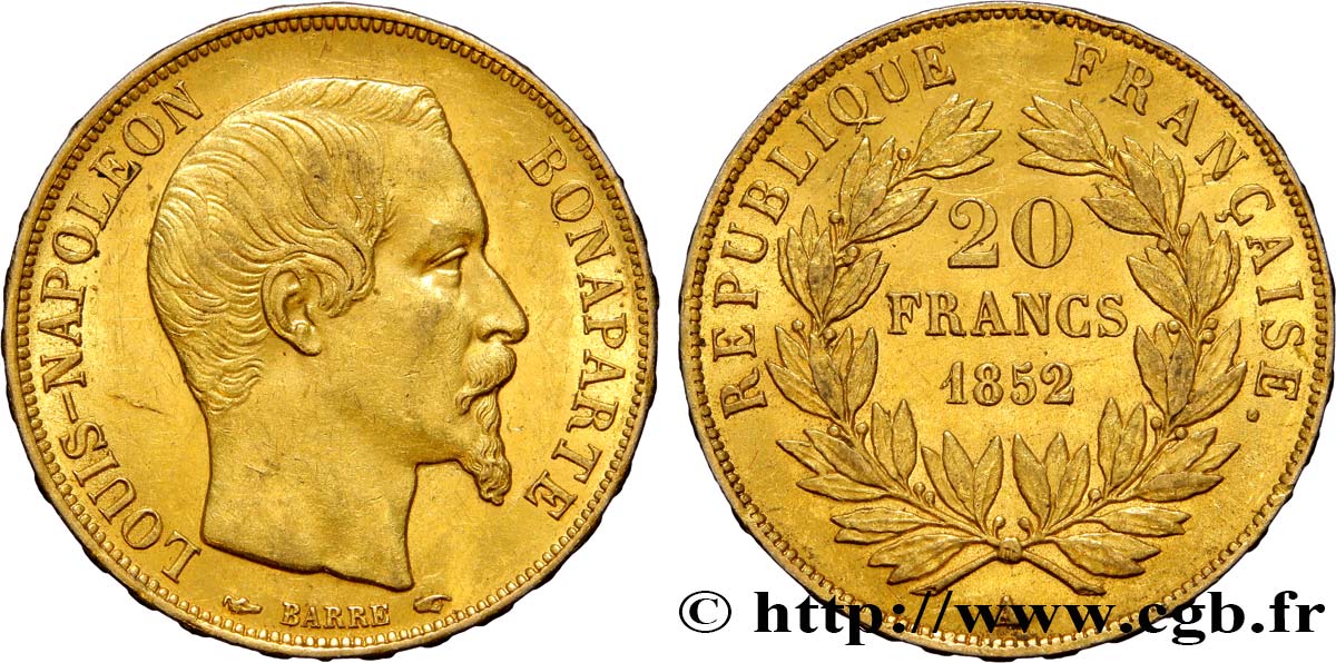 20 francs or Louis-Napoléon 1852 Paris F.530/1 AU58 