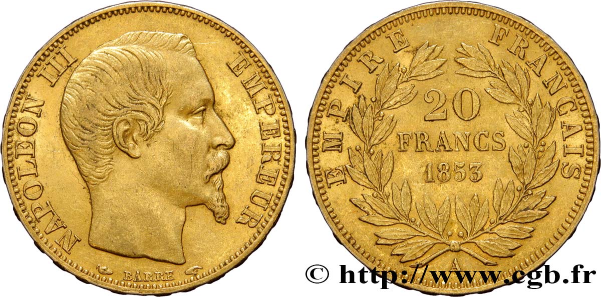 20 francs or Napoléon III, tête nue 1853 Paris F.531/1 SPL55 